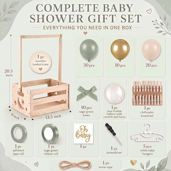 Wooden Baby Shower Crate Closet with Hanger Rack, Green Bow Baby Gifts Basket with Balloon Accessories, DIY Babies Welcome Box for Pregnancy New Parent