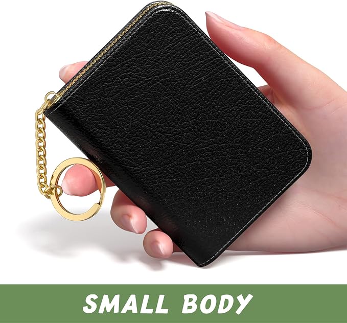 Aiawoxc Credit Card Holder for Women, Small RFID Wallet Slim Leather Business Card Organizer Case with Zipper and Keychain, Black