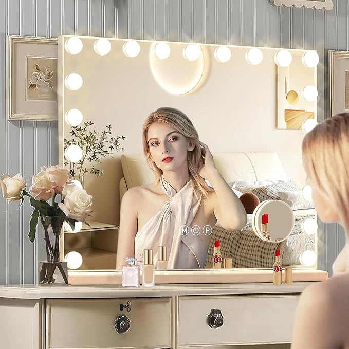 Ratsamee Hollywood Vanity Mirror with Lights, 21 Dimmable Bulbs, 3 Color Lights,Make Up Lighted Mirror, Aluminum Metal Frame, USB Charging Port（40" x 30"）