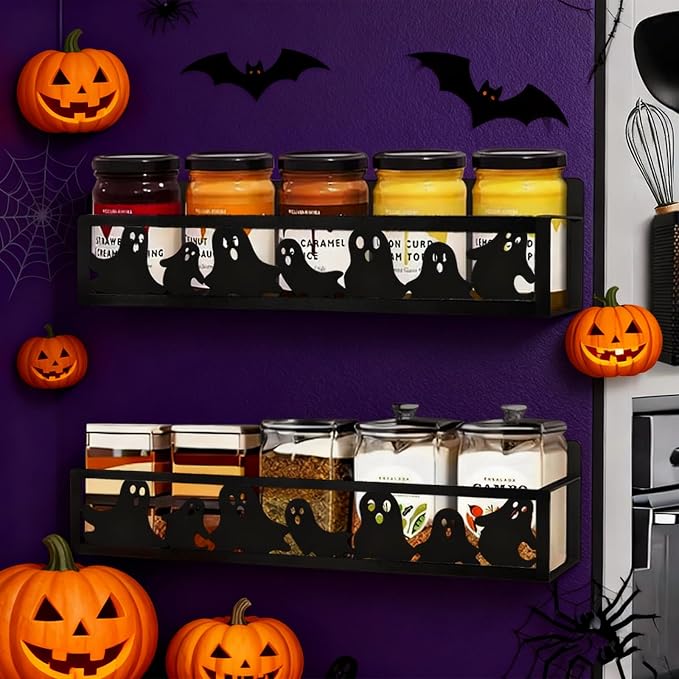 JarThenaAMCS 2Pcs Halloween Magnetic Spice Rack for Refrigerator Black Ghost Metal Basket Shelf Seasoning Storage Organizer Holder for Home Kitchen Fridge Decor Accessories