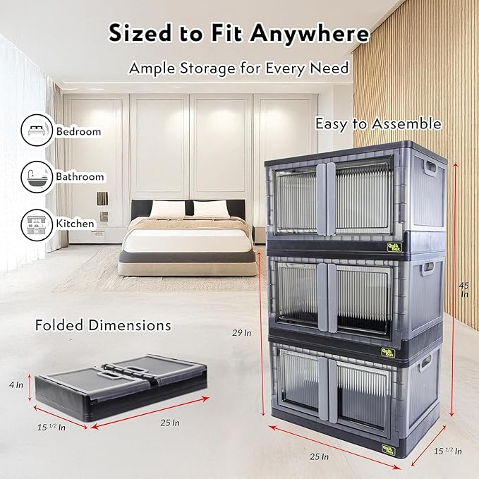 FELICON 19 Gallon 3 Pack Stackable Storage Bins with Lids,Doors,Wheels,Collapsible Organizer Foldable Container,Wardrobe Closet for Bedroom Living Room Neat,Dorm,Organized Homes(Black)