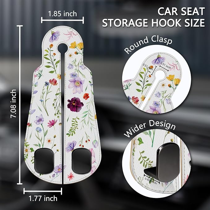Blusabaca 2PCS Car Seat Headrest Hooks, Purses Bags Holder, Flowers Floral | PU Leather, Double Metal Back Storage Hangers for Grocery Bags Handbags Bottles Coats Phones, Car Accessories Organization
