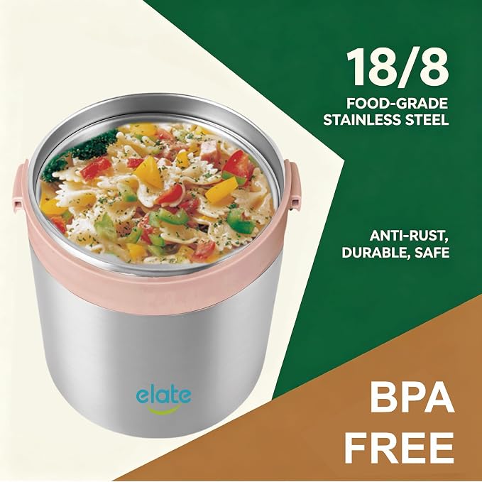 Elate 64oz Vacuum Insulated Food Jar for Hot Food, Large Soup Thermos Stainless Steel Wide Mouth, Camp Crock Thermal Food Container for Camping, Potluck & Family Meals (12H Hot / 24H Cold)- Pink