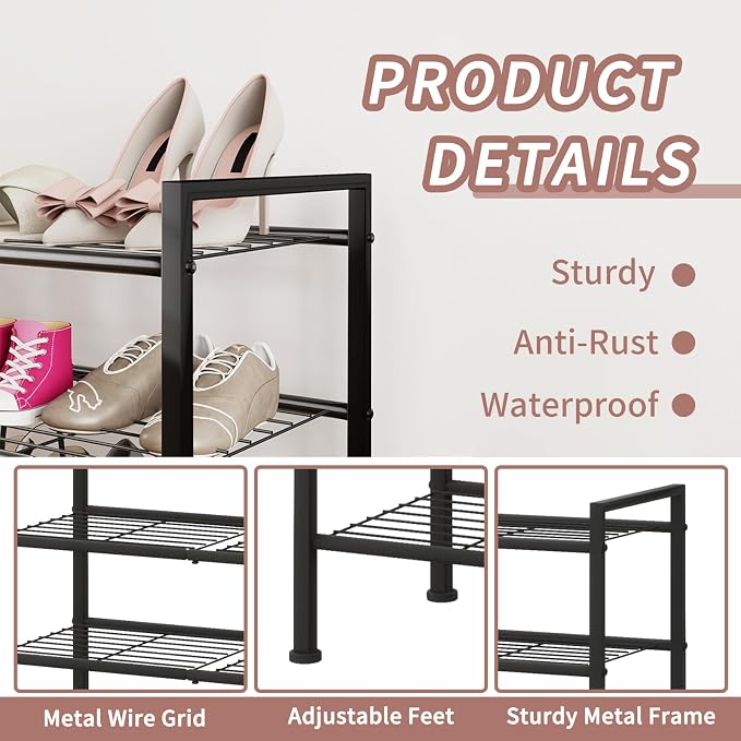 3-Tier Shoe Rack, 26.5" Wide Metal Organizer, Holds 9 Pairs | Storage Organizer for Closet and Entryway,Heavy-Duty Stand for Shoes, Books or Plants, Black