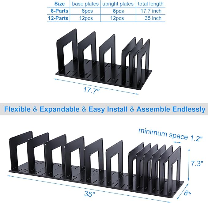 Adjustable Vertical File Sorter Sturdy Plastic Expandable Upright File Holder, Desktop Binder Organizer, School Office File Organizer Bookshelf Divider, Assemble Easily Endlessly, Black