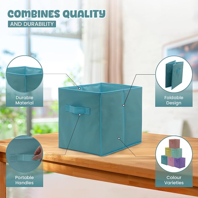 4E's Novelty 6 Pack 11 Inch Pastel Color Storage Foldable Cube Bins, Colorful Boho Storage Baskets For Nursery, Kids Room, Fabric Baskets For Toys, Clothes, Classroom Organization and Storage