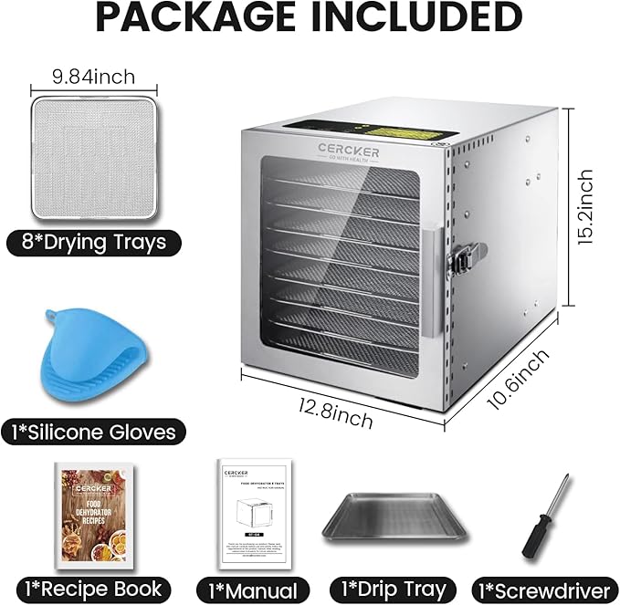 Cercker Food-Dehydrator Machine 8 Stainless Steel Trays, 500W Jerky Dehydrator for Meat, 190ºF Mushroom Dryer, 24H Timer Fruits Dryer for Herbs, Veggies, Yogurt & Dog Treats