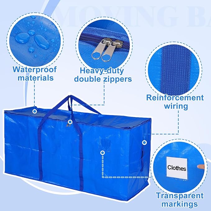 Bigmeta 66 Gallon Extra Large Moving Bags - Heavy Duty Storage Bags with Zipper & Strong Handles, Blue Packing Bag for Moving, Storage, Travel and Camping, College Dorm & Home Supplies, 4 Pcs