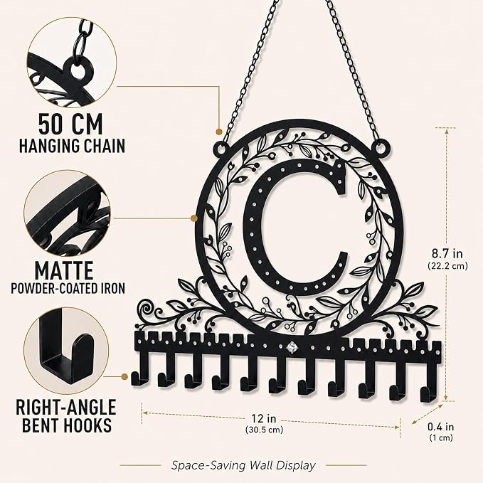 Personalized Wall Mounted Metal Initial Letter C Earring Holder Jewelry Organizer for Earrings and Necklaces Space Saving Wall Display with Hooks Jewelry Storage Bedroom Vanity Gift for Women