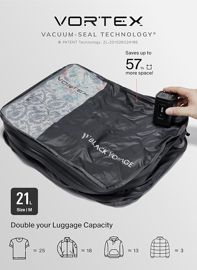Black Voyage Reusable Vacuum Compression Travel Bag for Carry-On Suitcase and Backpack, Recycled IP67 Waterproof Space Saver Vacpack (1-Pack, 21L - Pump Included)