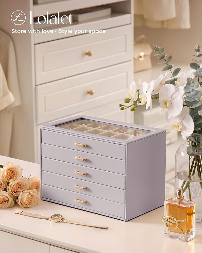 Lolalet Earring Organizer, Jewelry Box with Clear Lid -Purple, 5 Layer | PU Leather, Velvet, Removable Dividers, Dustproof, Easy Clean, For Studs Rings, Gift for Women Girls, Home Aesthetic Decor