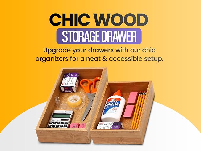 YBM Home Bamboo Drawer Organizer Storage Box for Kitchen Drawer, Junk Drawer, Office, Bedroom, Children Room, Craft, Sewing, and Bathroom, 2 Pack 6x15x2 inch