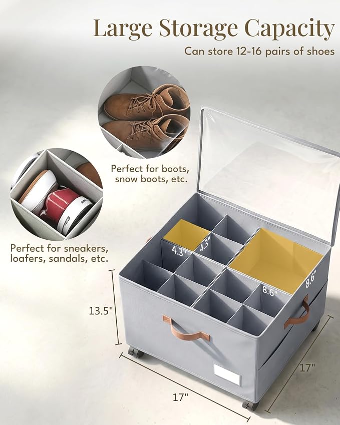 Shoe Organizer for Closet with Wheels - 2 Pack Shoe Storage Box Bin Cubes | Detachable Wheels | Fits 32 Pairs | Adjustable Dividers | Side Pockets | Clear Cover | Foldable | Stackable | Label Holder