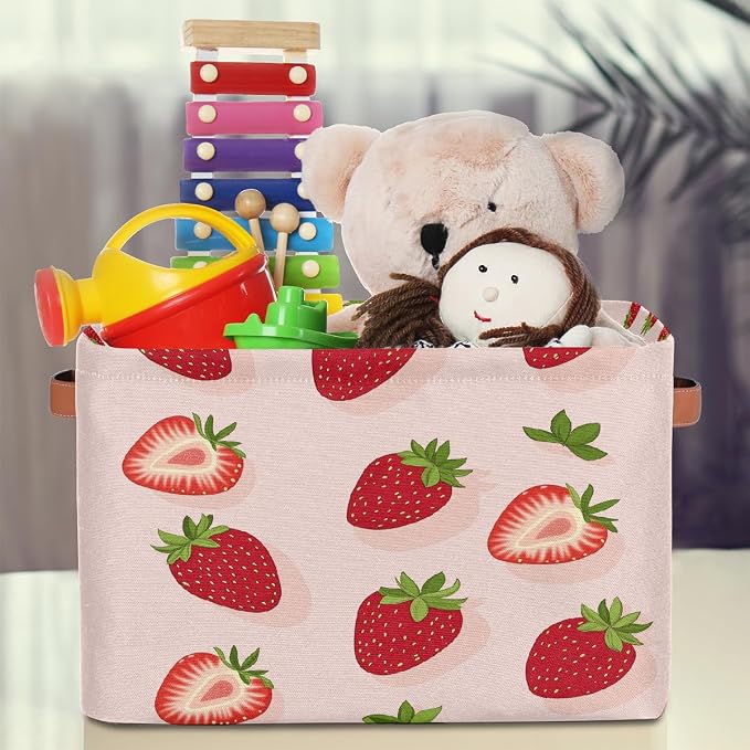 Rectangle Storage Baskets for Shelves, Cute Strawberries Pattern Storage Cube Organizer Bins Collapsible Toy Basket for Nursery Home Room