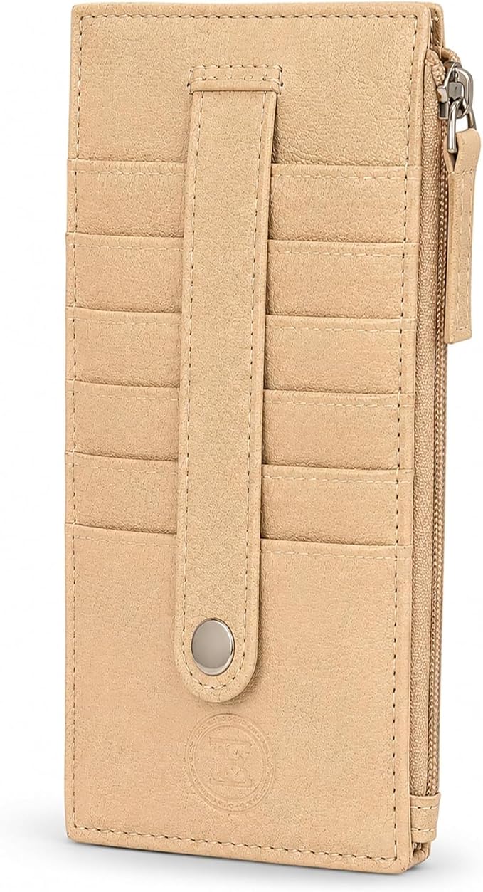 Leatherboss Genuine Leather Women's All in One Credit Business Card Case Holder Slim Zipper Wallet With a Card Protection Strap, Beige