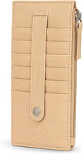 Leatherboss Genuine Leather Women's All in One Credit Business Card Case Holder Slim Zipper Wallet With a Card Protection Strap, Beige