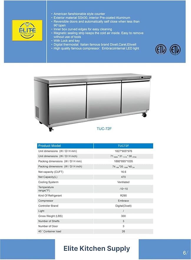 Commercial Undercounter Freezer, ETL 3 Doors, Stainless Steel, 115V/60HZ Restaurant 0°F to -8°F, 72" W 19 Cu. Ft.