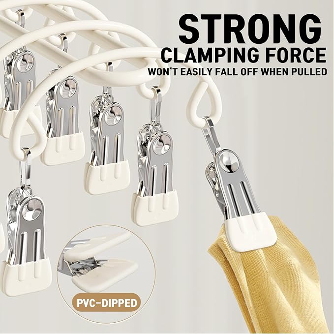 Pants Hangers with 20 Clips, Space Saving Hanging Closet Organizer (Beige) | 360°swivel & non-slip rustproof clips, multi-functional organizer holds leggings, skirts, hats, socks, scarves and lingerie