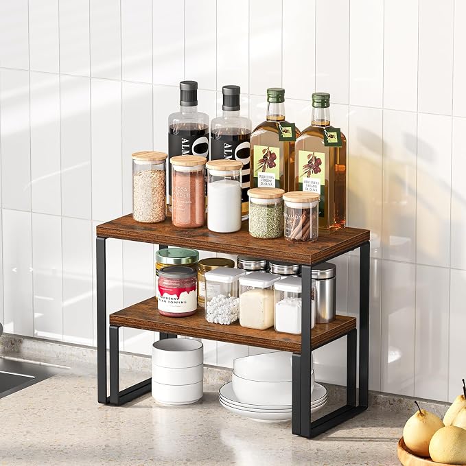 Giikin Kitchen Countertop Organizer, Set of 2 Spice Rack Cabinet Organizer Shelf, Stackable Corner Counter Shelf for Pantry, Coffee Station, Rustic Brown