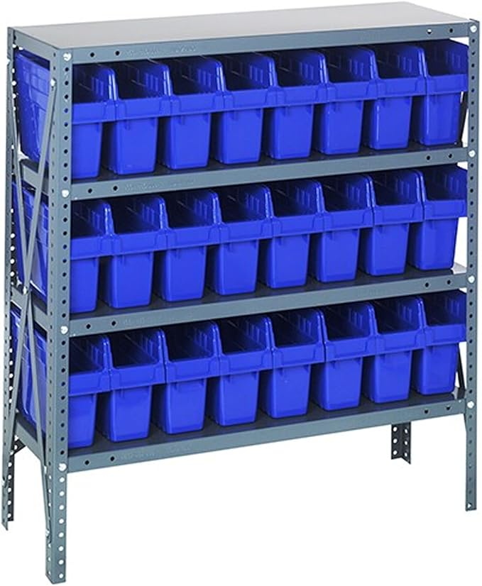 Quantum 1239-SB801BL Heavy Duty Shelving Unit with (4) Shelves and (24) QSB801 Blue Bins for Warehouse Storage Distribution | 400 lbs Capacity per Shelf | 12"D x 36"L x 39"H, Galvanized Steel Finish