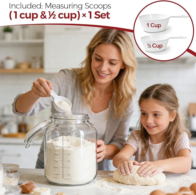 Large Glass Jars with Airtight Lids 1.1 Gallon 2 Pack Flour Jar | Wide Mouth, Scoop Included, Flour Sugar Storage Containers,Baking Supplies,Leak Proof,BPA-Free,Pantry Organization, Pickling