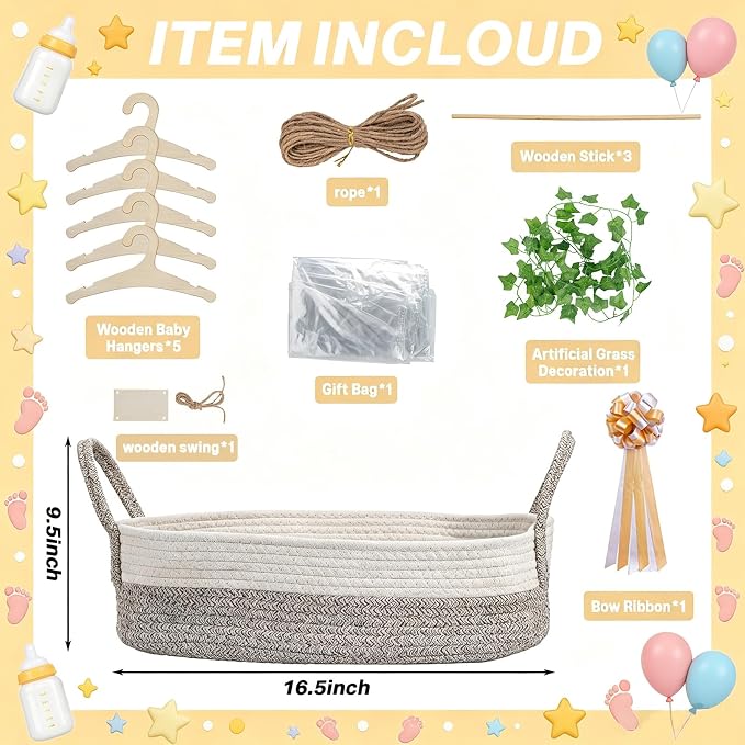 Large Baby Shower Basket Empty Baby Shower Crate Closet Woven Baskets | 16.5" x 9.5" Woven Baskets with Clothes Hangers and Gift Bag New Born Empty Storage for Welcome Gift Pregnancy New Parent