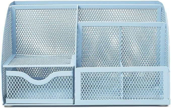 Annova Mesh Desk Organizer Office with 7 Compartments + Drawer/Desk Tidy Candy/Pen Holder/Multifunctional Organizer (New Blue23)