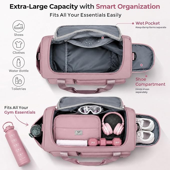 FIORETTO Women's Gym Duffle Bag with Shoes Compartment, 30L Capacity, Ideal for Travel, Gym, Sports, Duffel, Weekender