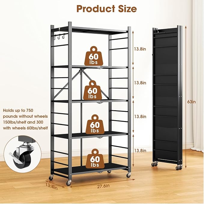 Fenbeli Foldable Shelves with Wheels - 5 Tier Folding Shelf, Collapsible No Assembly Metal Shelving Unit, Origami Storage Shelves & Rolling Storage Rack with 8 Hooks for Kitchen Pantry Garage