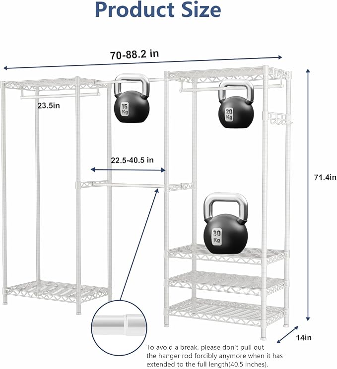 Heavy Duty Clothing Rack with Adjustable Shelves Clothes Wardrobe | Coat Rack Metal Closet Organizer and Storage Garment Rack for Hanging Clothes Wire Portable Cloth System Free Standing White