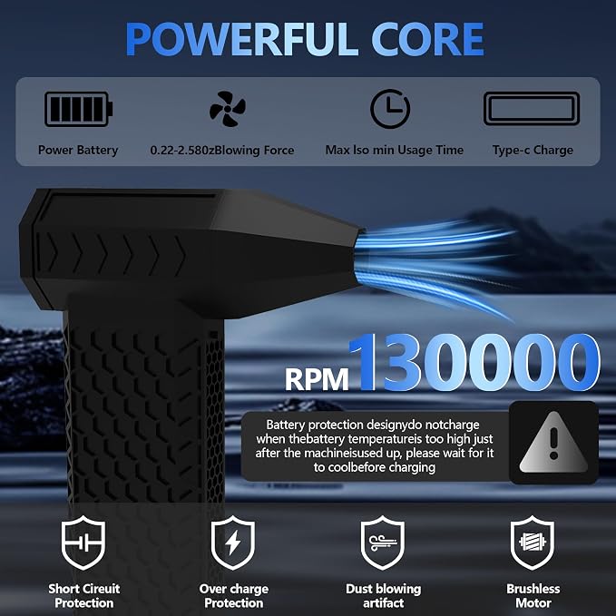 Ultra Powerful Compressed Air Duster - Electric Blower with 3-Speed Wind, Fast Charging, 130000RPM Motor - Ideal for Computers, Keyboards, Cars, and Home Cleaning