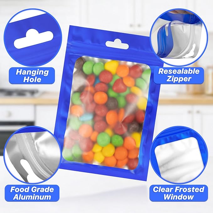 100 PCS Resealable Mylar Bags with Frosted Clear Window Packaging Bags Foil Pouch Zipper Bag for Food Self Sealing Storage Supplies (7.08x10.24, Blue)