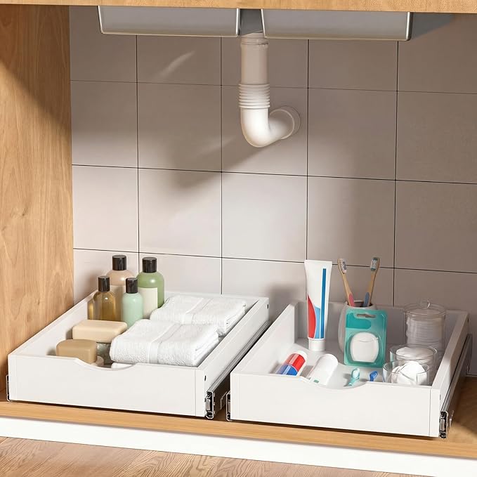 Menkxi 2 Set Wooden Pull out Cabinet Organizer Fully Assembled Slide out Pantry Drawer with Gentle Close Storage Shelf Tray for Base Kitchen Under Sink Bathroom Accessory