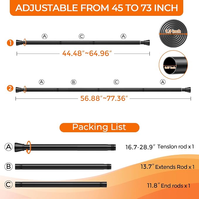 Spring Tension Curtain Rod 45 to 76 Inch 7/8" Diameter Adjustable No Drilling Black Shower Curtain Rods for Window Doorway Closet Door Kitchen Bathroom