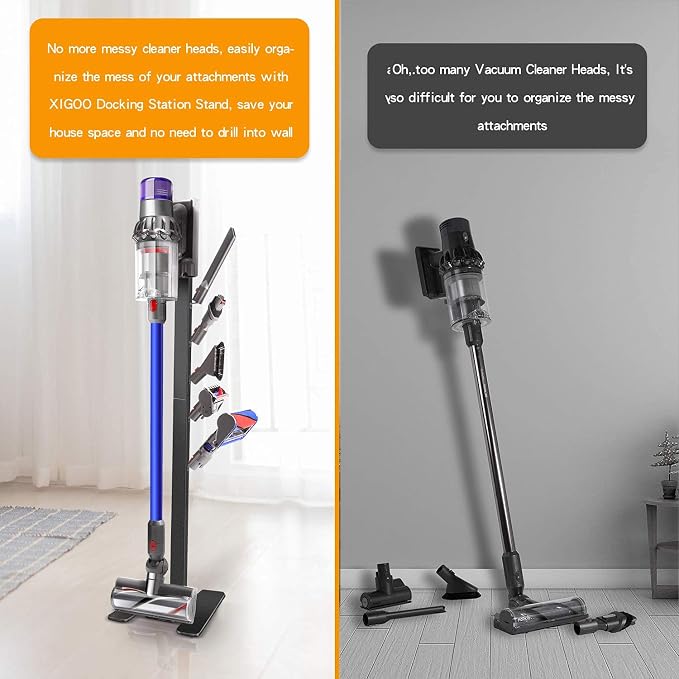 XIGOO Dyson Vacuum Stand with 5 Hooks, Black | Compatible with V15 Detect V11 V10 V8 V7 V6 Cordless Vacuum Cleaners & Accessories, Stable Metal Bracket Organizer Rack