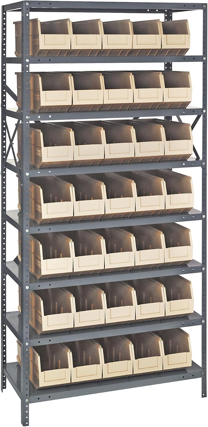 Quantum Storage Systems 1275-441IV Solid Heavy Duty 8 Shelves 35 Stackable Shelf Bins Ivory Bins 75" H x 36" W x 12" D