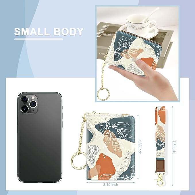 Aiawoxc Credit Card Holder, Small RFID Wallet Slim Leather Card Organizer Case with Zipper and Wristlet Strap, Abstract Boho Leaf