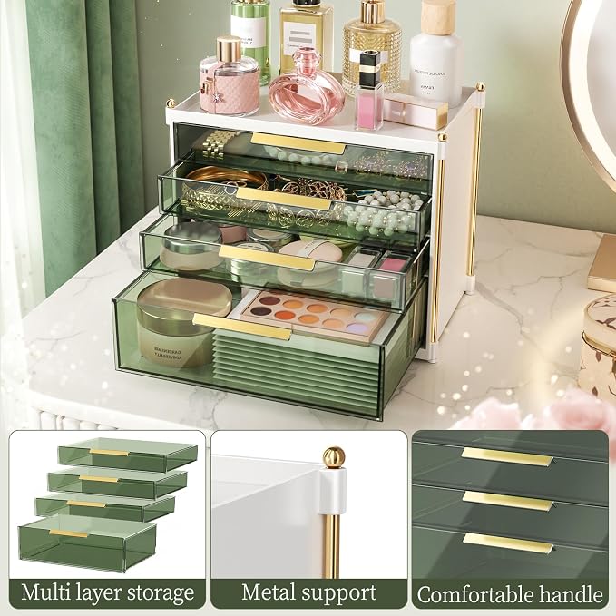 Aveniee 4 Drawers Makeup Organizer- Bathroom Organizers and Storage, Plastic Bins Countertop Perfume Vanity Desk Organization for Cosmetic, Skincare, Face Mask, Jewelry, Green