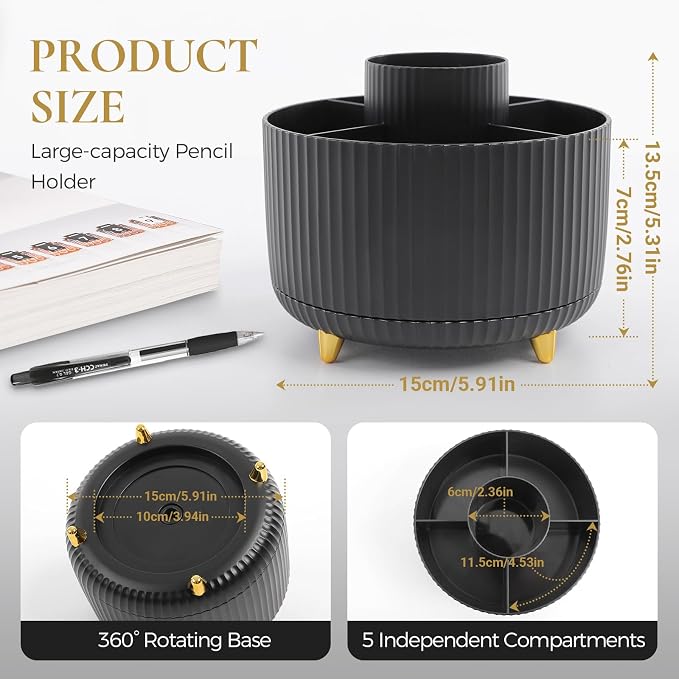 KONVINIT Pencil Pen Holder for Desk, 5 Slots 360 - Degree Rotating Desktop Organizer, Cute Desk Organizers and Accessories for School, Home, Office and Art Supply, Black
