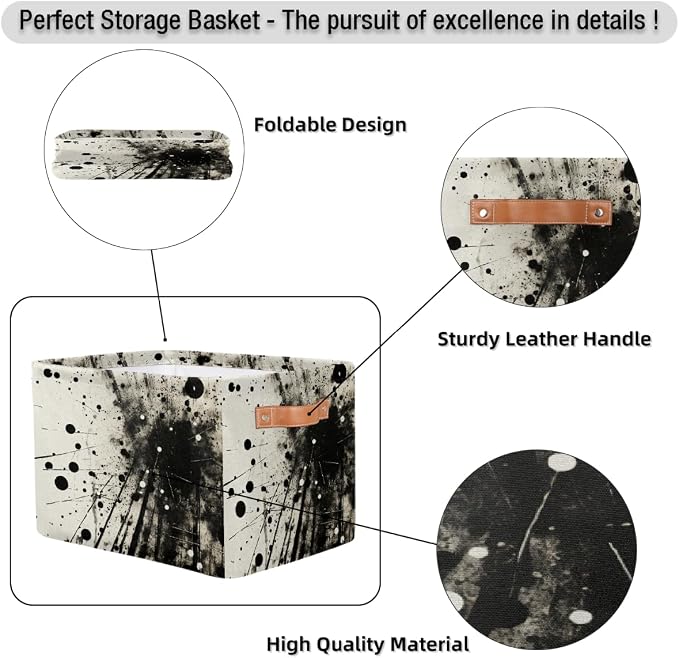 Rectangular Storage Baskets Abstract Black And White Ink Splatter Fabric Storage Bin Toy Organizer Box with PU Leather Handles for Room Decor