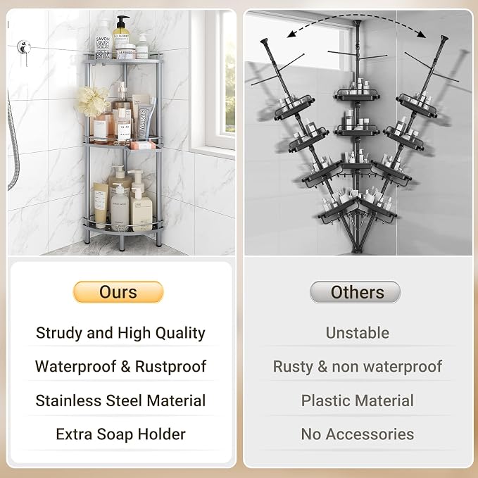 ELYKEN Corner Shower Caddy Standing, 3 Tier Rustproof Metal Shower Organizer with Soap Holder, Floor Shower Corner Shelf Rack Storage Stands with Adjustable Feet & 2 Hooks for Bathroom, Silver