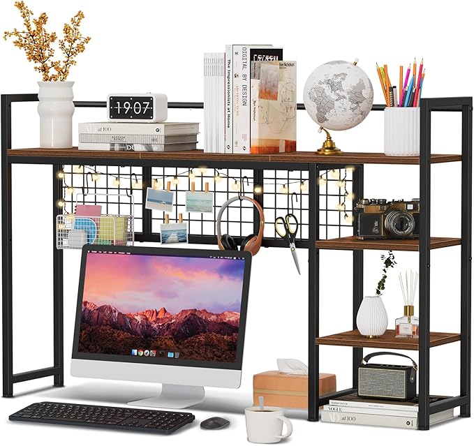 Snughome Desk Shelf, 44.9" Desktop Organizer Shelf, Desk Hutch for Computer Monitor, 4 Tier Desk Display Rack with Pegboard Hooks Set, Wood Desktop Bookshelf for Home Office Dorm