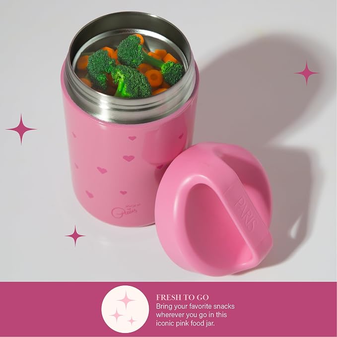 Paris Hilton Stainless Steel Food Jar, Double Wall Vacuum Sealed Insulated Food Storage Container with Carry Handle Lid, 16-Ounce, Pink with Heart Design