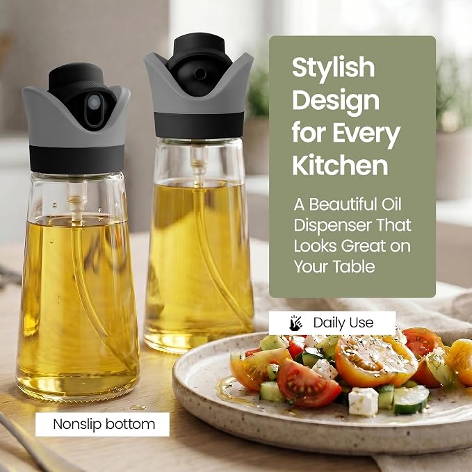 Olive Oil Dispenser for Kitchen 2-in-1 Pour and Spray | 7.7 oz / 230 ml | Glass Olive Oil Sprayer for Cooking, Airfryer, Salad & BBQ | Set of 2 Bottles, Black