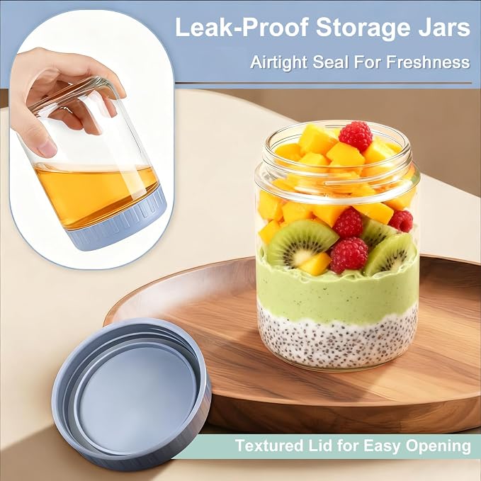 Overnight Oats Containers with Lids, 16oz Wide Mouth Mason Jars with Lids, 3 Pack Glass Jars with Airtight lid for Chia Pudding Yogurt Salad, Meal Prer Oatmeal Jars, Blue