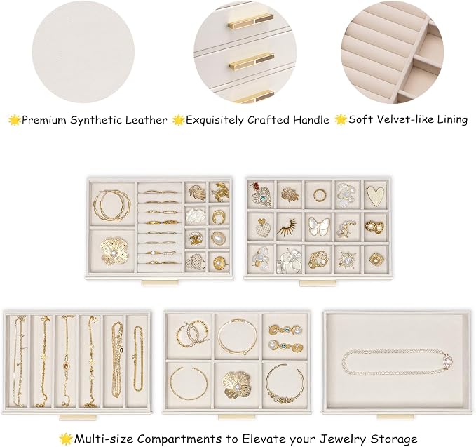 VLANDO 5-Drawer Jewelry Box with Glass Lid, Faux Leather Organizer for Rings Earrings Necklaces and More, Gift-Ready Jewelry Case for Women Girls or Moms, Beige