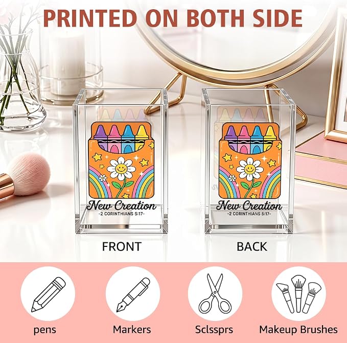 Funny New Creation 2 Corinthians 5:17 Acrylic Pencil Holder Cup | Christian Daisy Crayon Pen Holder Gifts for Women Friend Coworker Boss Teacher, Bible Verse Home Office Desk Accessories