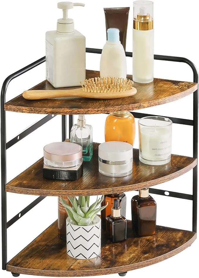IBUYKE Corner Shelf,Wood Kitchen Spice Organizer,Brown TWJ002H | Bathroom Counter Organizer 3-Tier Spice Rack for Small Spaces Cosmetic Storage Perfume Holder Adjustable Height
