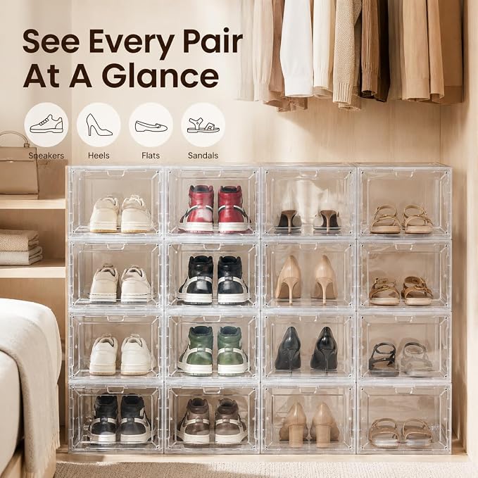 Clear Shoe Storage Boxes,2026 2nd Gen Thickened Hard Plastic Stackable Organizer with Magnetic Door,Folding Shoe Racks for Closet,Large Sneaker Display Cases for Sneakers and Ankle Boots,6 PCS