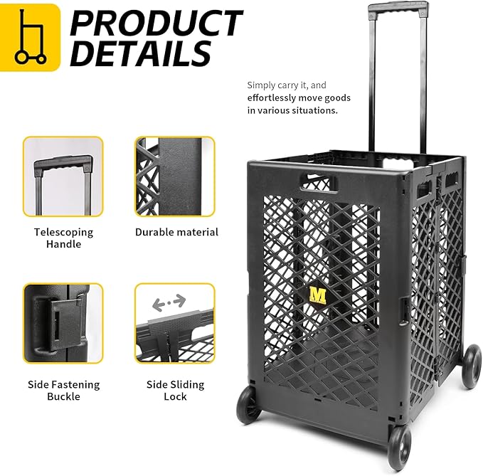 MaxWorks Foldable Rolling Utility Cart, Collapsible Hand Dolly with Telescoping Handle, 70 lbs Capacity, Lightweight Plastic Storage Crate, 16.5" x 15" x 39", No Assembly Needed
